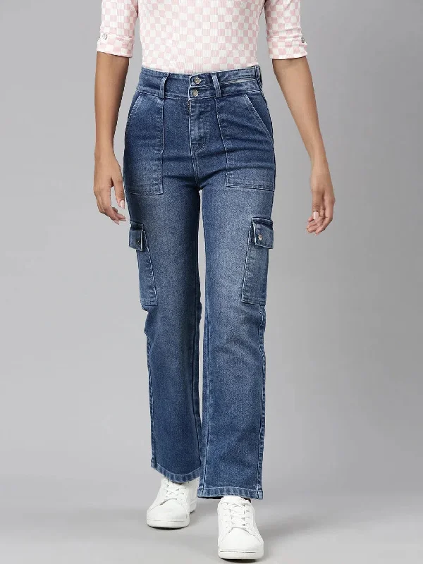 Women Blue Denim Cargo Jeans-LT-10557-Blue Trendy Colored Denim Jeans