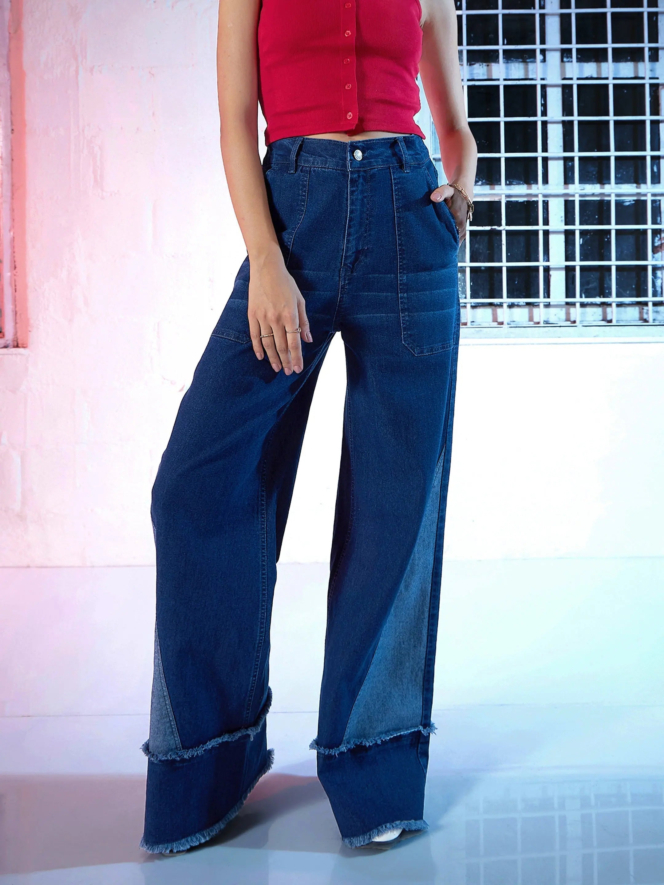 Women Blue Denim Raw Hem Staright Fit Jeans Comfortable Stretch Fit Jeans
