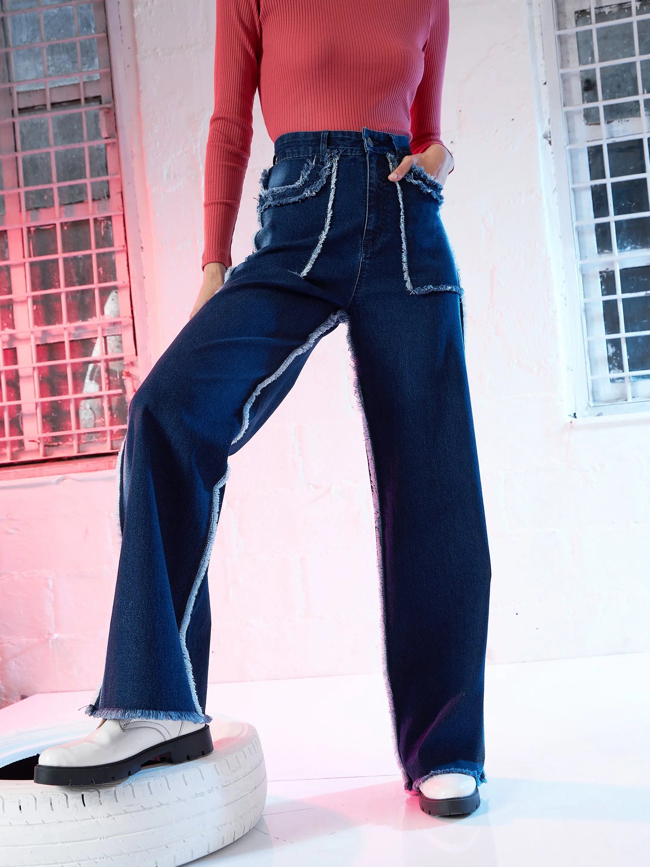 Women Blue Fringe Detail Straight Fit Jeans Comfortable Distressed Straight-Leg Jeans
