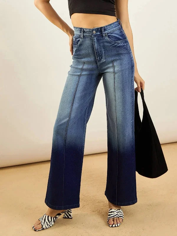 Women Blue Ombre Front Seam Straight Fit Jeans Comfortable Stretch Denim Jeans