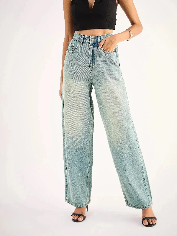 Women Blue Whisker Faded Wide Leg Jeans Comfortable Ankle Jeans