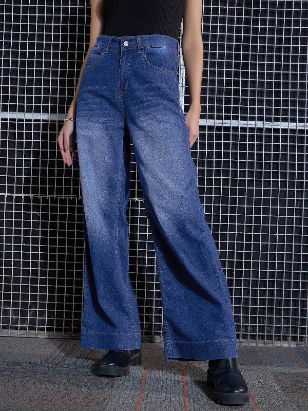 Women Blue Wide Leg Faded Jeans Stylish Acid-Wash Jeans