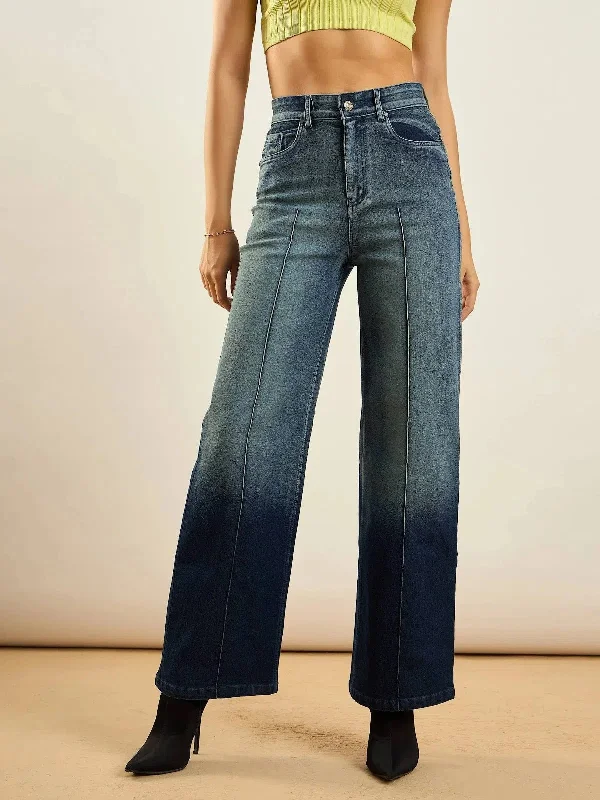 Women Grey Ombre Front Seam Straight Fit Jeans Comfortable Drawstring Waist Jeans