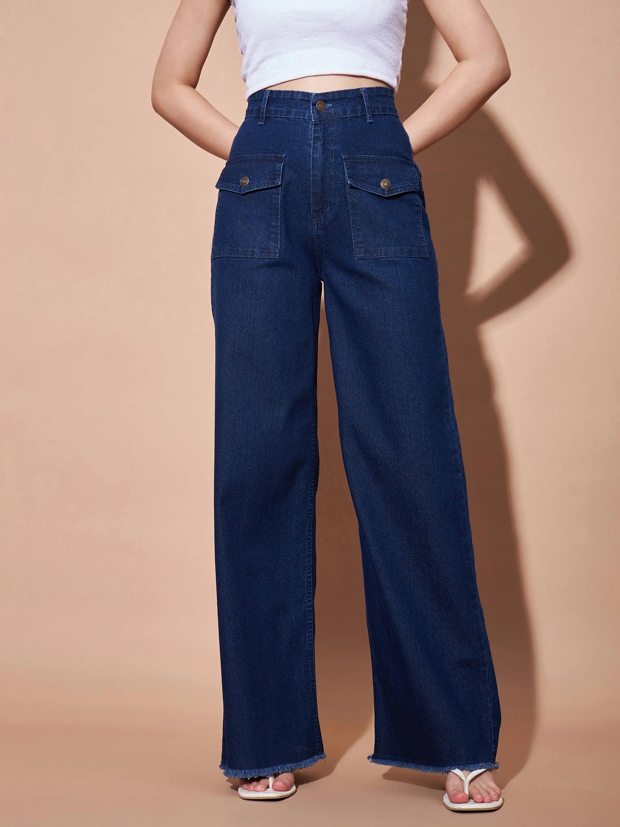 Women Navy High Waist Flap Pocket Straight Jeans Chic Faded Blue Jeans