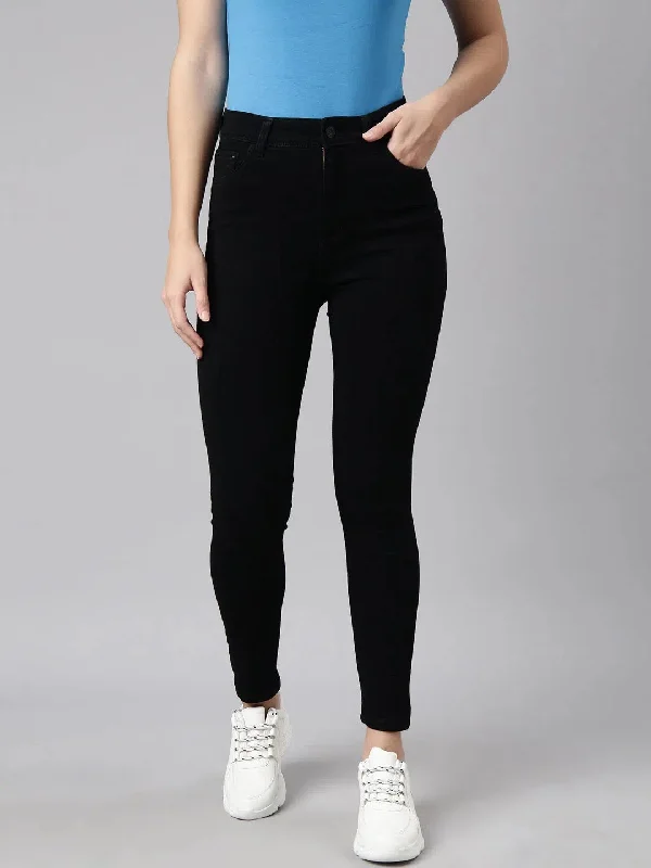 Women Slim Fit Denim Black Jean-GZ-5954-Black Fashionable Raw Hemmed Jeans