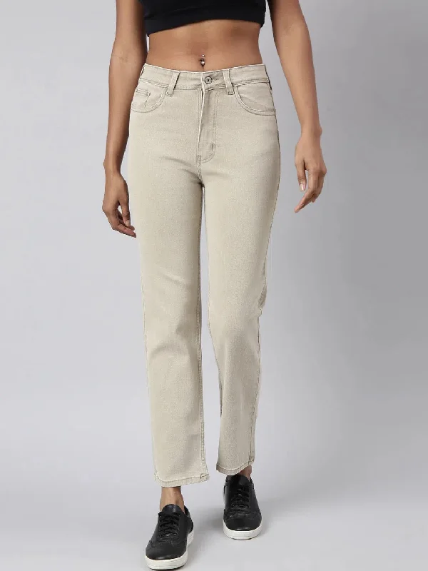 Women Straight Fit Denim Beige Jean-GZ-5907-Beige Fashionable Vintage Wash Jeans