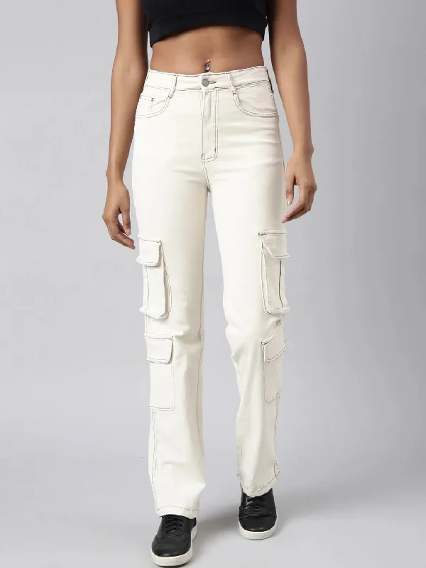 Women Straight Fit Denim Cream Corgo Jean-GZ-5807-Cream Elegant Tapered Leg Denim