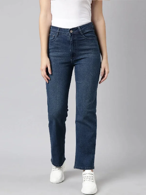 Women Straight Fit Denim Navy Blue Jean-GZ-5883-Navyblue Casual Bootcut Ripped Jeans