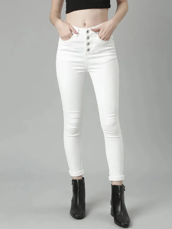Women White Denim Jeans-LT-10423-White Comfortable Distressed Straight-Leg Jeans