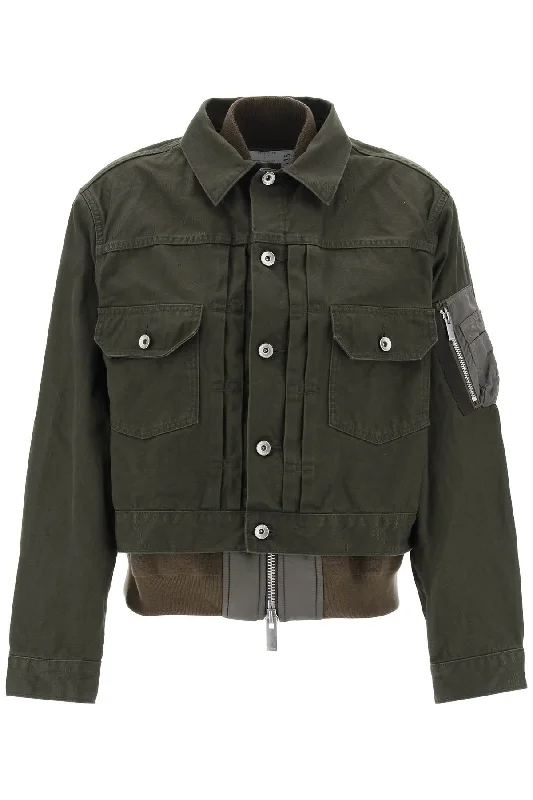 Layered Denim Jacket  - Khaki Satin Jacket Silk Jacket Chiffon Jacket
