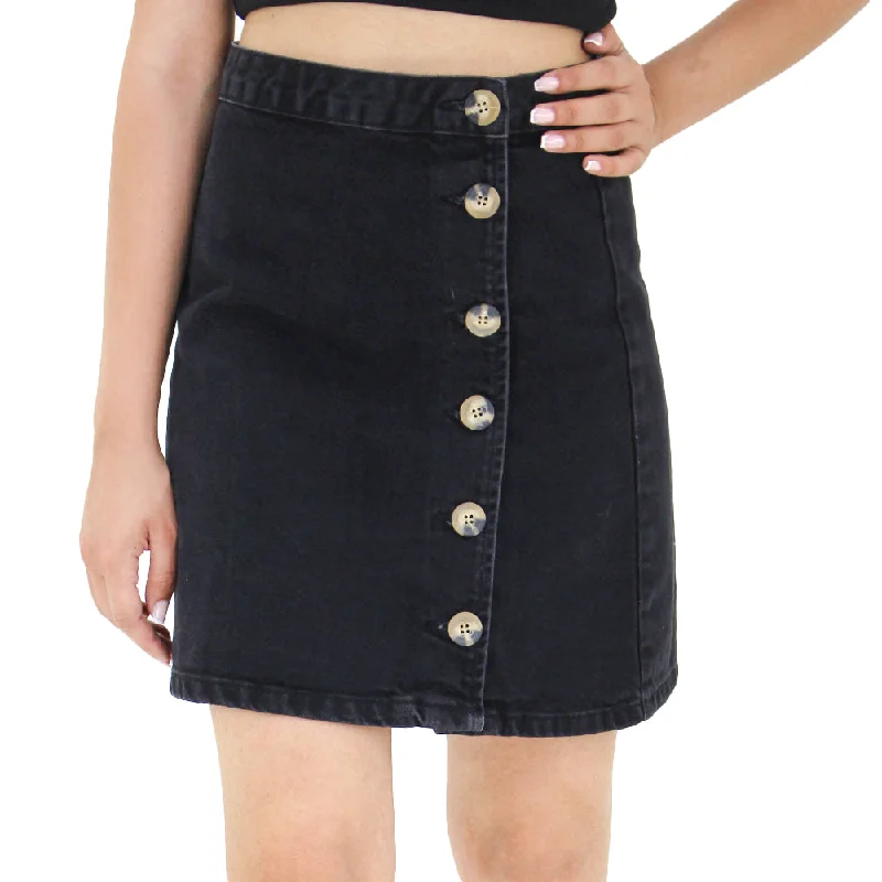 Women's Solid Buttons Denim Skirt,Black cotton skirt soft