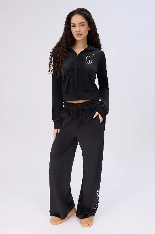 Wicked Rhinestones Velour Zip-Up Hoodie And Sweatpants 2-Piece Set Hoodie with Hem Contrast Bold Stylish Wicked Rhinestones Velour Zip-Up Hoodie And Sweatpants 2-Piece Set Hoodie with Hem Contrast Bold Stylish