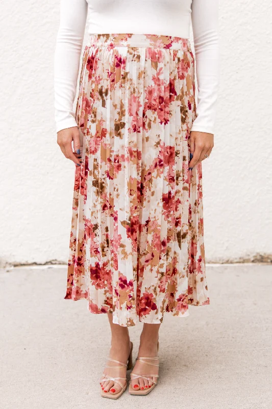Lottie Pleated Skirt | Pink Multi lace skirt intricate