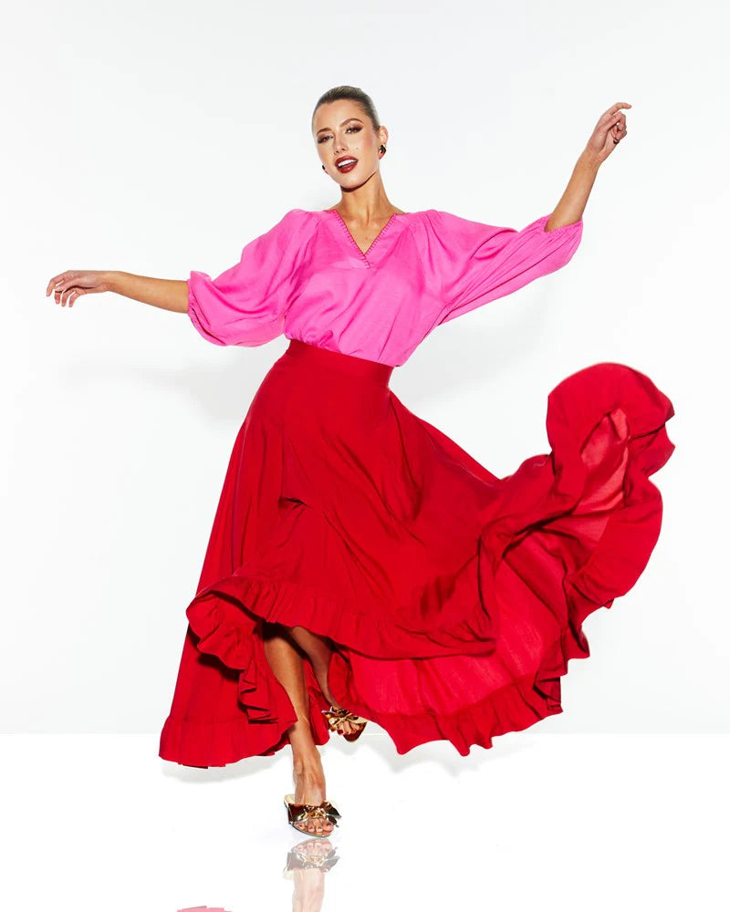 All Night Ruffle Skirt - Lipstick Red satin skirt smooth