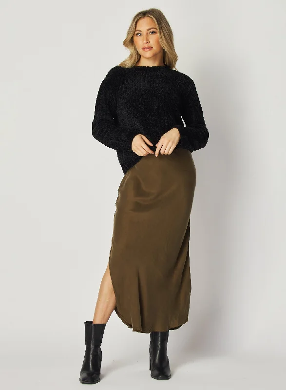 Asymmetric Side Slit Bias Skirt - Autumn Olive asymmetrical skirt cut