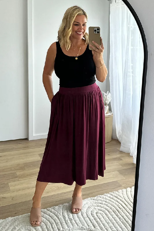 Bamboo Midi Skirt - Burgundy linen skirt relaxed