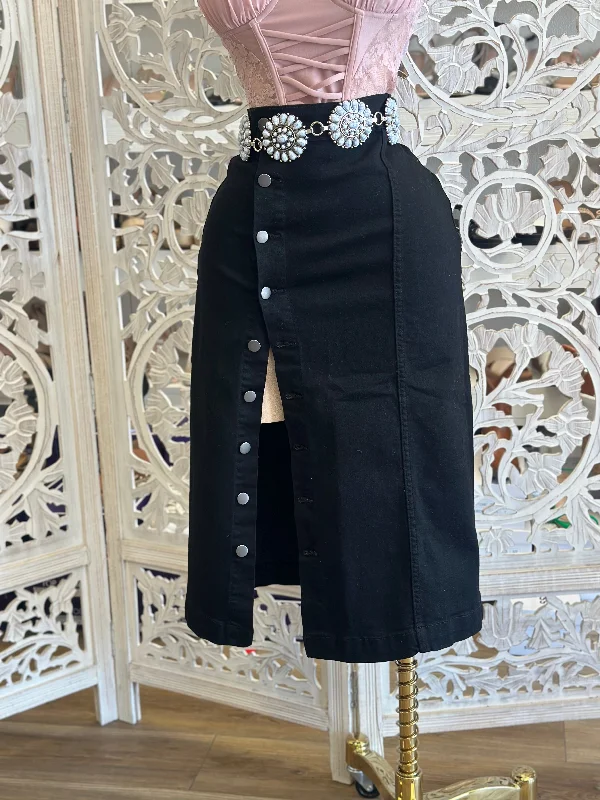 Black Button Up Denim Midi Skirt- Stretchy, Estira leather skirt refined