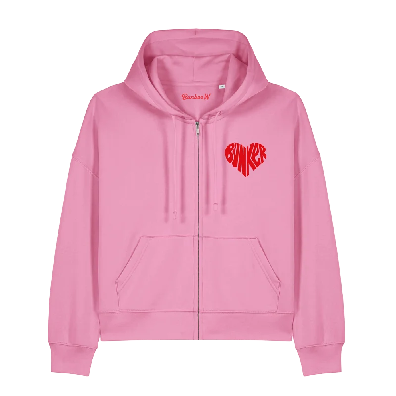 Bunker Woman Heart Zip Through Hoodie Pink Hoodie with V-Neck Classic Versatile