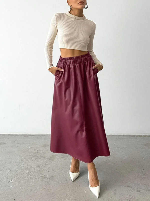 Burgundy Leather Maxi Skirt elastic waist skirt