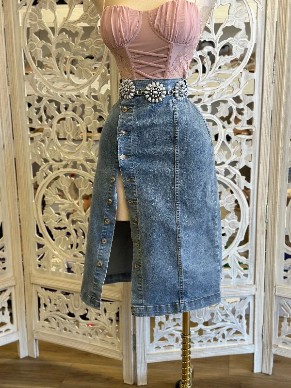 Button Up Denim Midi Skirt- Stretchy, Estira silk skirt elegant
