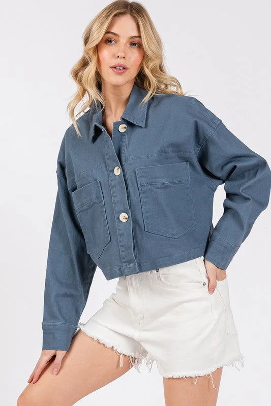 bytos Button Down Cropped Denim Jacket with Patch Pockets In French Blue Notch Collar Jacket Peter Pan Collar Jacket Cowl Neck Jacket bytos Button Down Cropped Denim Jacket with Patch Pockets In French Blue Notch Collar Jacket Peter Pan Collar Jacket Cowl Neck Jacket