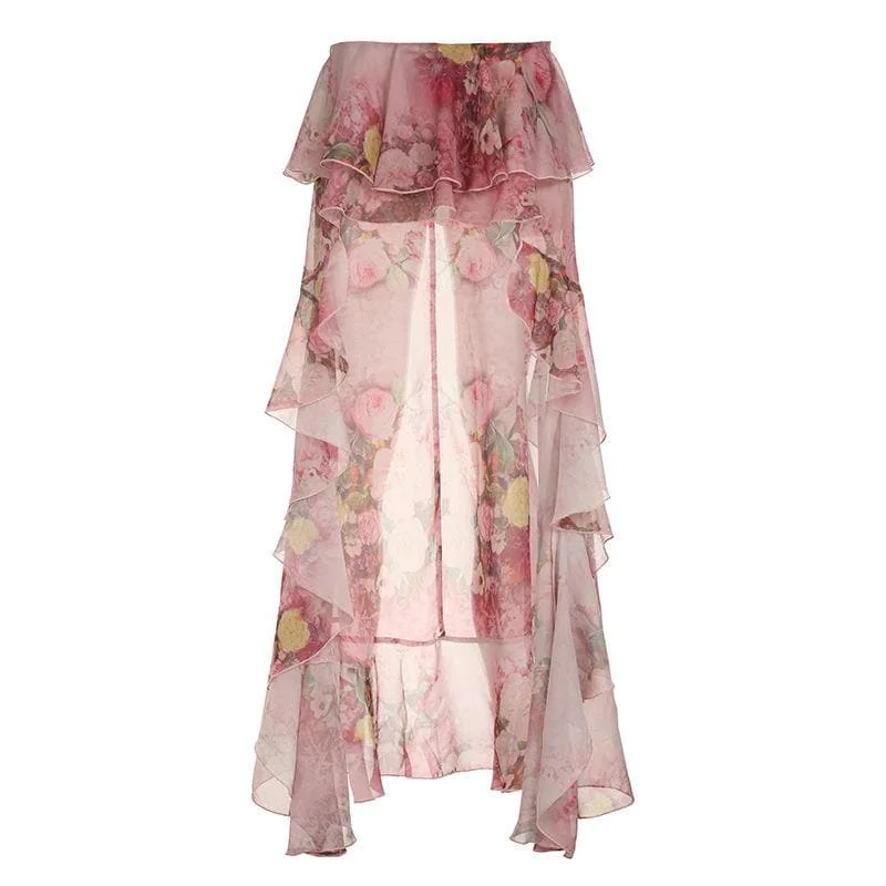 Chiffon flower print ruffle maxi skirt corduroy skirt textured