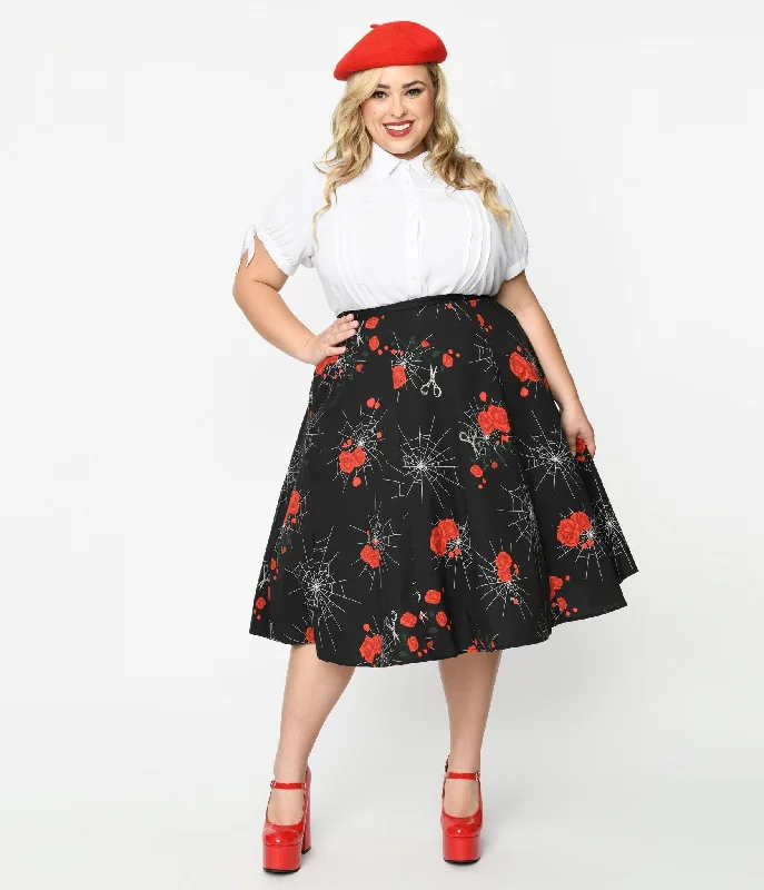 Collectif 1940s Black Spinners Web & Roses Swing Skirt chiffon skirt lightweight