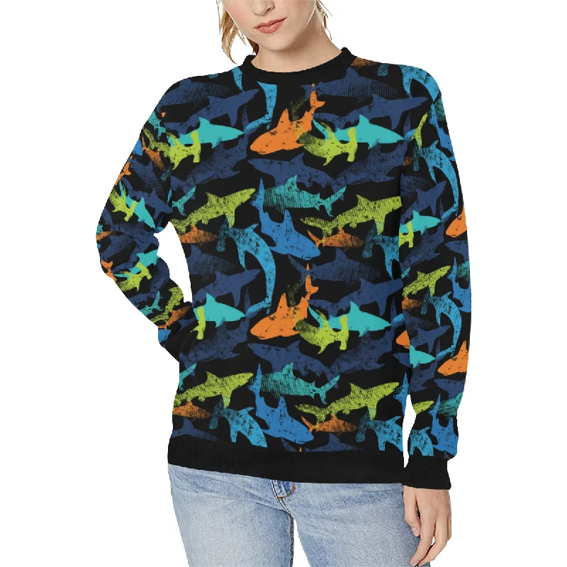 Colorful shark Women's Crew Neck Sweatshirt Hoodie with Hem Drawcord Adjustable Customizable Colorful shark Women's Crew Neck Sweatshirt Hoodie with Hem Drawcord Adjustable Customizable