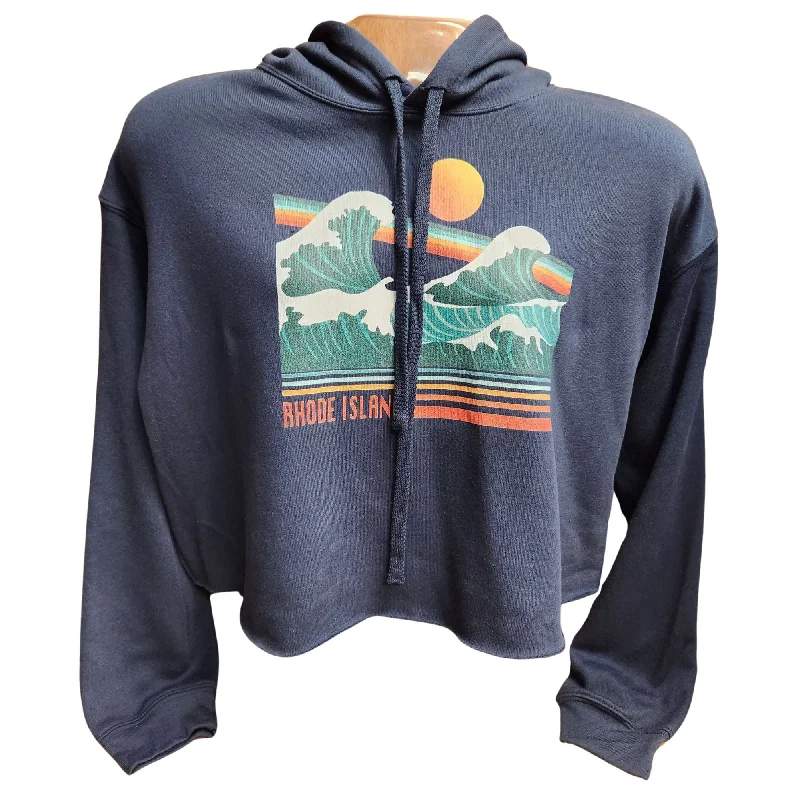 Crashing Waves Navy Women's Cropped Fleece Hoodie Hoodie with Frayed Bohemian Relaxed Crashing Waves Navy Women's Cropped Fleece Hoodie Hoodie with Frayed Bohemian Relaxed