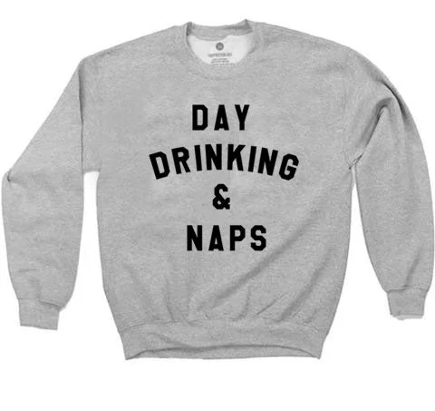 Day Drinking & Naps - Sweatshirt - Heather Grey Hoodie with Contrast Stitching Detailed Premium