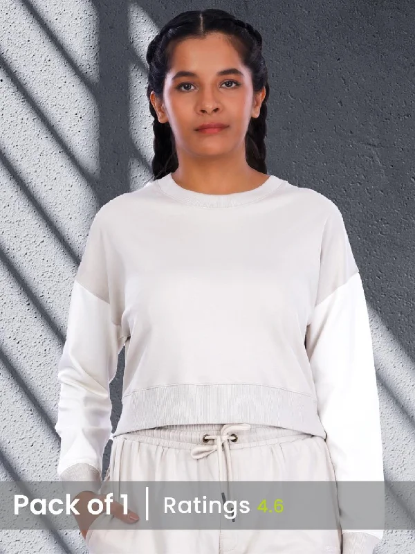 Ecru & White Colourblock Crop Sweatshirt Hoodie Sweatshirt Pullover