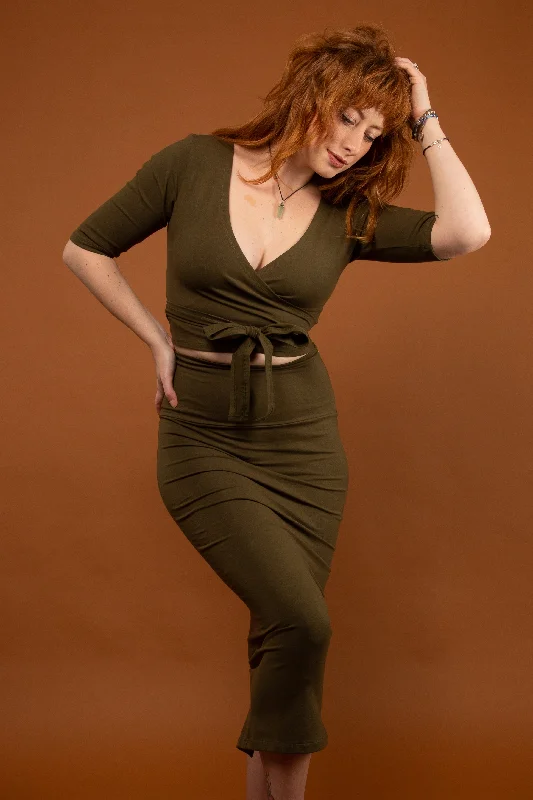 Favell Midi Skirt in Khaki Green chiffon skirt floaty