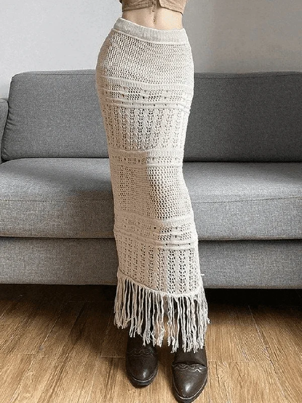 Fringed Crochet Hollow Knit Long Skirt elastic waist skirt