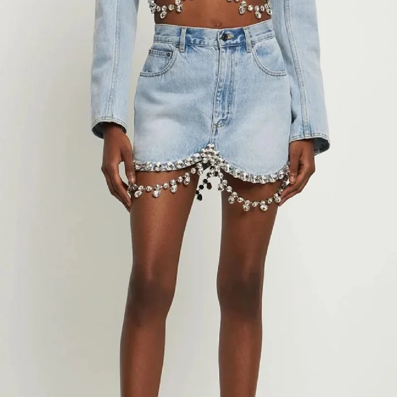 High Waist Diamond Patchwork Denim Mini Skirt with Pockets button skirt front