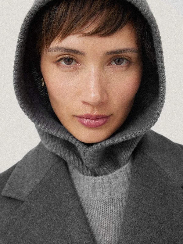Wool Cashmere Blend Hooded Snood | Grey Hoodie with Tied Waist Feminine Flattering