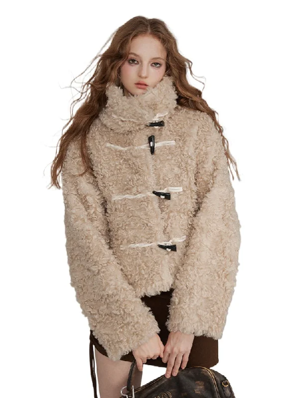 Horn Button Curly Fur Thick Short Jacket Front Pockets Side Pockets Patch Pockets