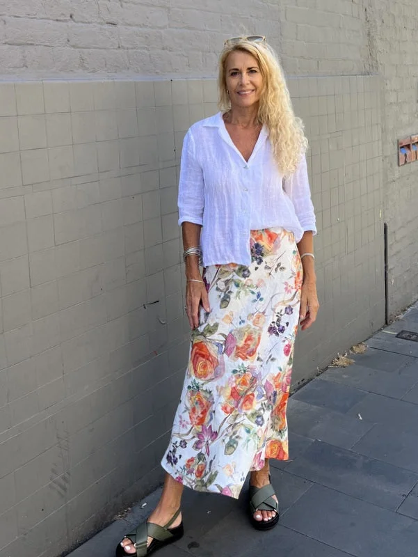 Jiva Midi Linen Prudence Skirt- Orange Rose Print chiffon skirt floaty