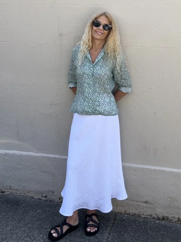 Jiva Midi Linen Prudence Skirt- White denim skirt fashionable