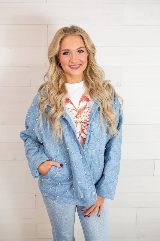 J.nna Quilted Pearl Beaded Jacket-Uranian Blue Bomber Jacket Anorak Windbreaker