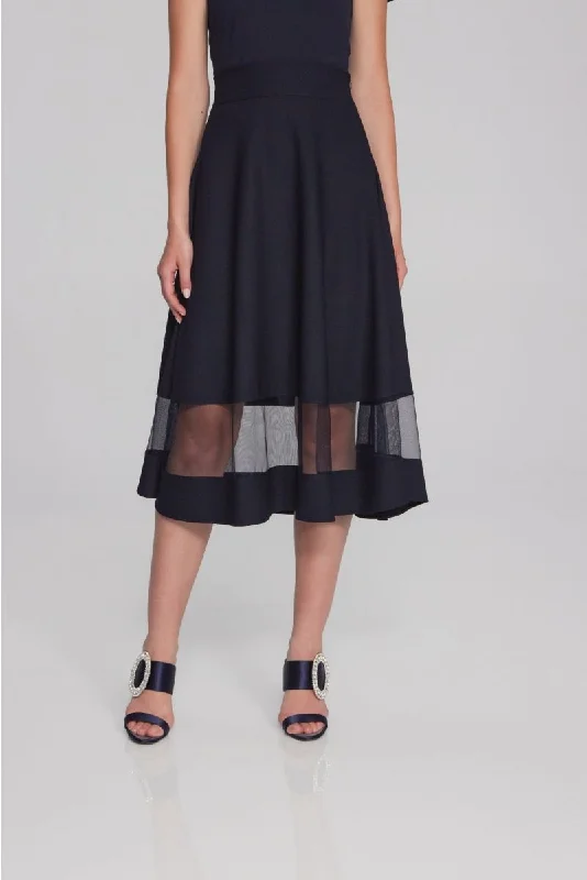 Joseph Ribkoff Midnight Blue Mesh Insert High Waist Midi Flared Skirt 241763 silk skirt luxurious Joseph Ribkoff Midnight Blue Mesh Insert High Waist Midi Flared Skirt 241763 silk skirt luxurious