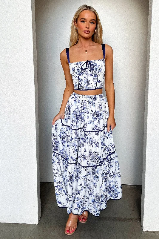 Joy Maxi Skirt - Blue Floral satin skirt smooth