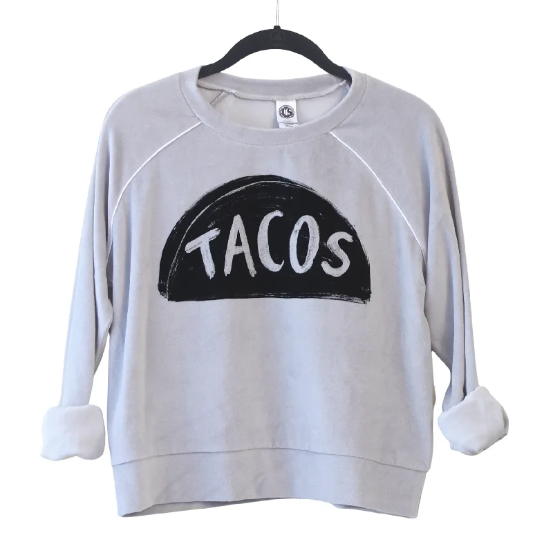 Ladies Velour Taco Crop Top Sweatshirt Hoodie with Frayed Bohemian Relaxed