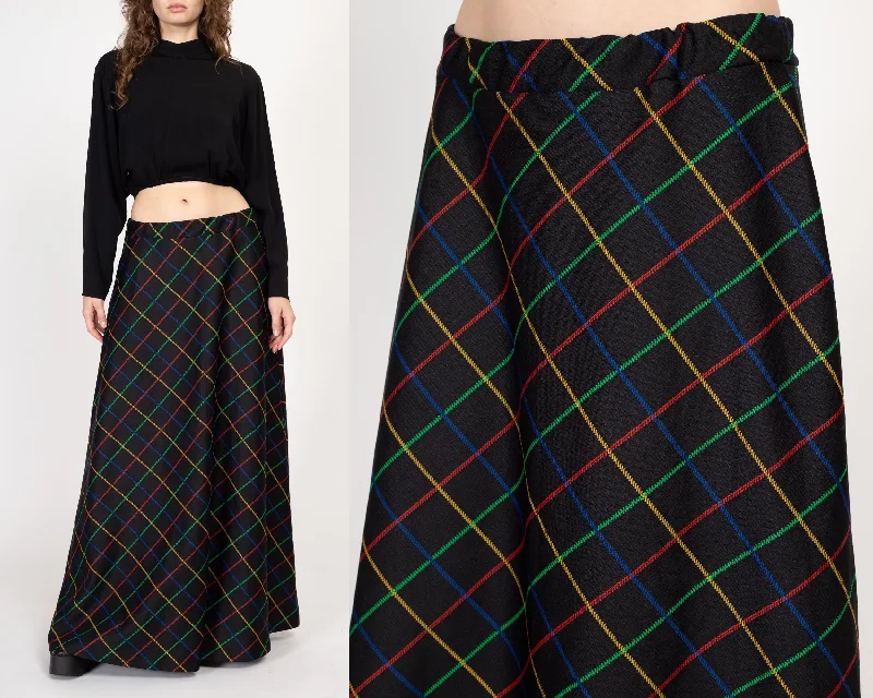 Large 70s Black Primary Color Windowpane Plaid Maxi Skirt lace skirt romantic