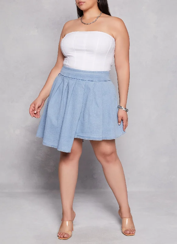Plus Size Daisy Asymmetrical Pleated Denim Skort denim skirt trendy