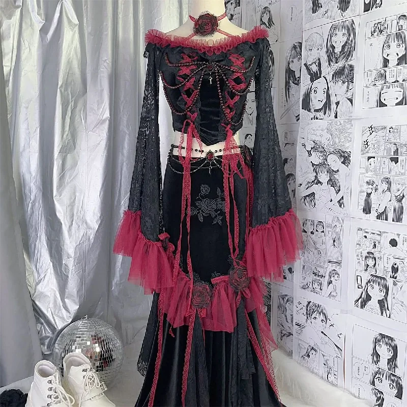 Long flared sleeve embroidery mesh flower applique maxi skirt set elastic waist skirt
