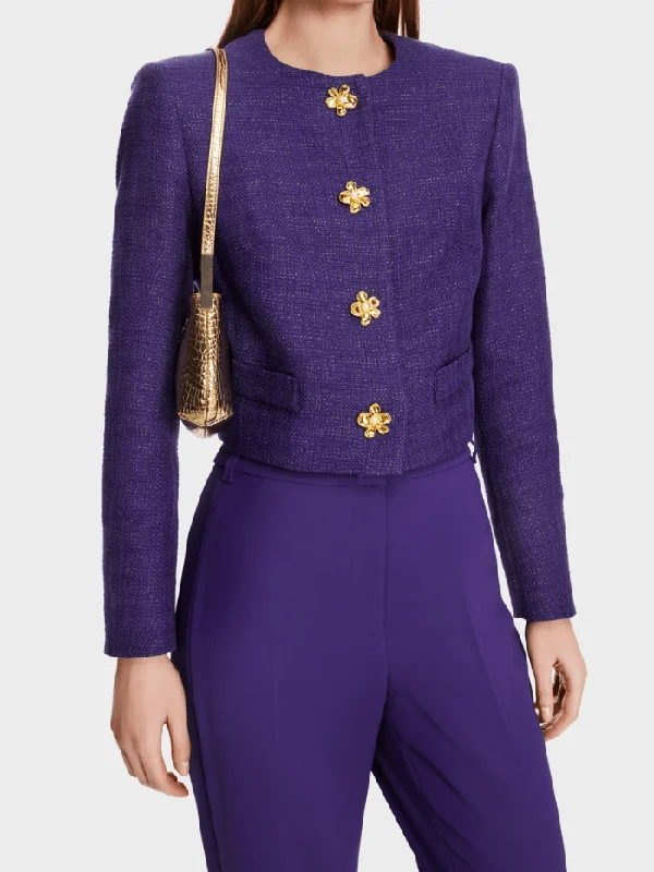 Marc Cain Glam Short Jacket In Deep Purple With Decorative Buttons XG 31.01 W08 COL 748 Cotton Fabric Linen Fabric Terry Fabric Marc Cain Glam Short Jacket In Deep Purple With Decorative Buttons XG 31.01 W08 COL 748 Cotton Fabric Linen Fabric Terry Fabric
