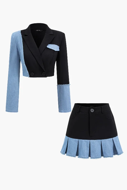 Patchwork Denim Notched Lapel Blazer And Skirt Set denim skirt casual