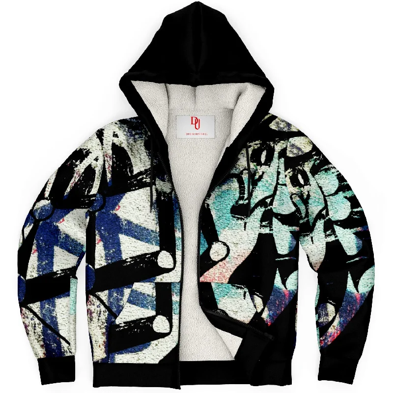Microfleece Ziphoodie - Abstract Shapes & Robot Arms Hoodie with Hem Frayed Vintage Worn Microfleece Ziphoodie - Abstract Shapes & Robot Arms Hoodie with Hem Frayed Vintage Worn