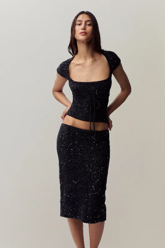 Miki Sequin Knit Midi Skirt chiffon skirt lightweight