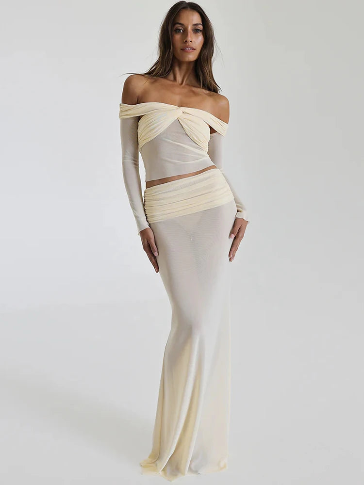 A&A Two Piece Sheer Off-shoulder Top And Maxi Skirt Set wool skirt sturdy